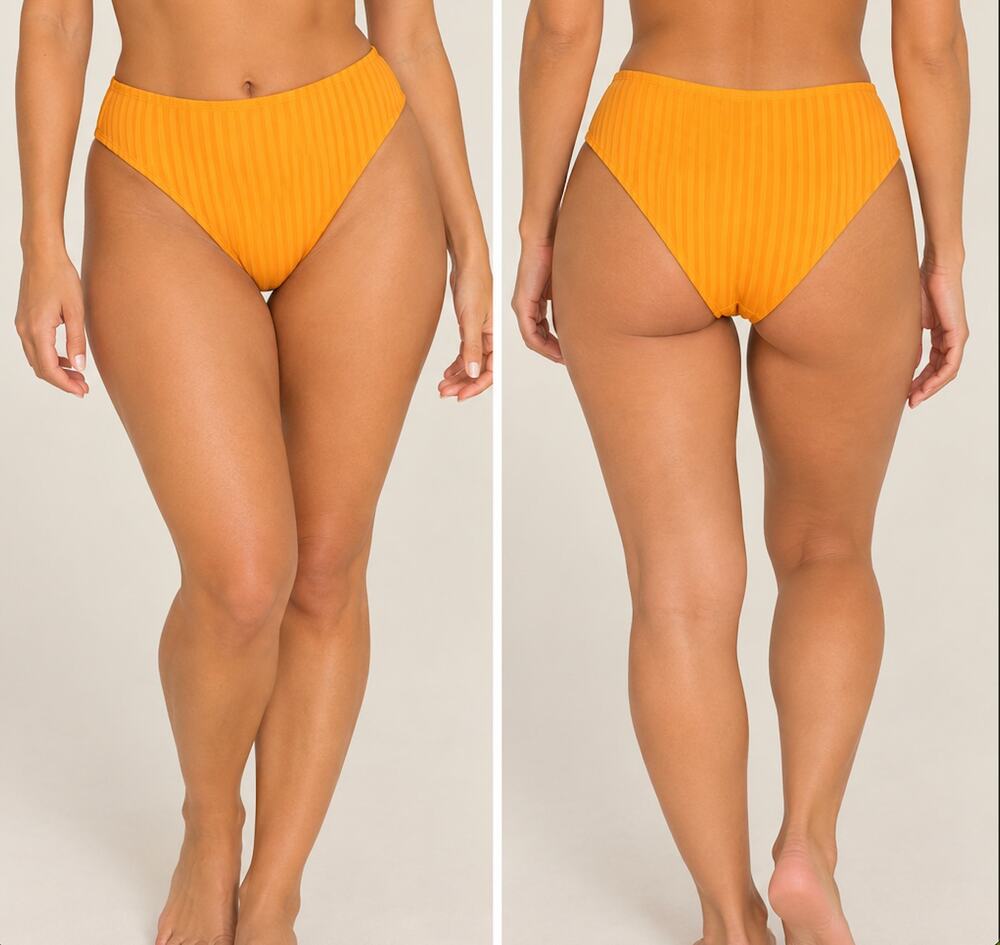 Andie Women's The 90s High Waist Bikini Bottom Tangerine - Wide Rib - NWT - Sz L